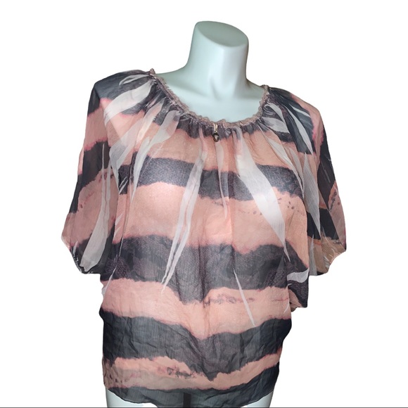 Robin K Sheer Batwing Blouse Pink Black Striped Top Size M Flowy Boho Chic - Picture 12 of 13